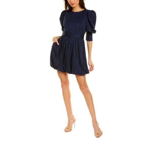 SOMETHING NAVY Mila Puff 3/4 Sleeve Belted Bubble Hem Mini Dress in Blue-Size XS - Picture 1 of 7